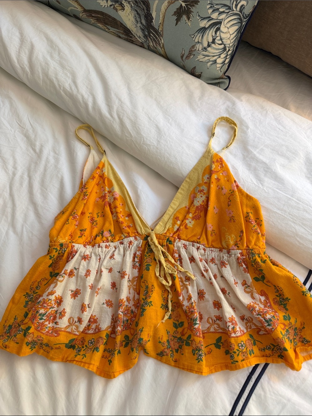 Free People Yellow & Cream Floral Tie-Front Camisole